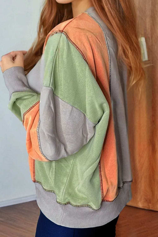 Full Size Exposed Seam Color Block Long Sleeve Sweatshirt - Trendsi - Flyclothing LLC