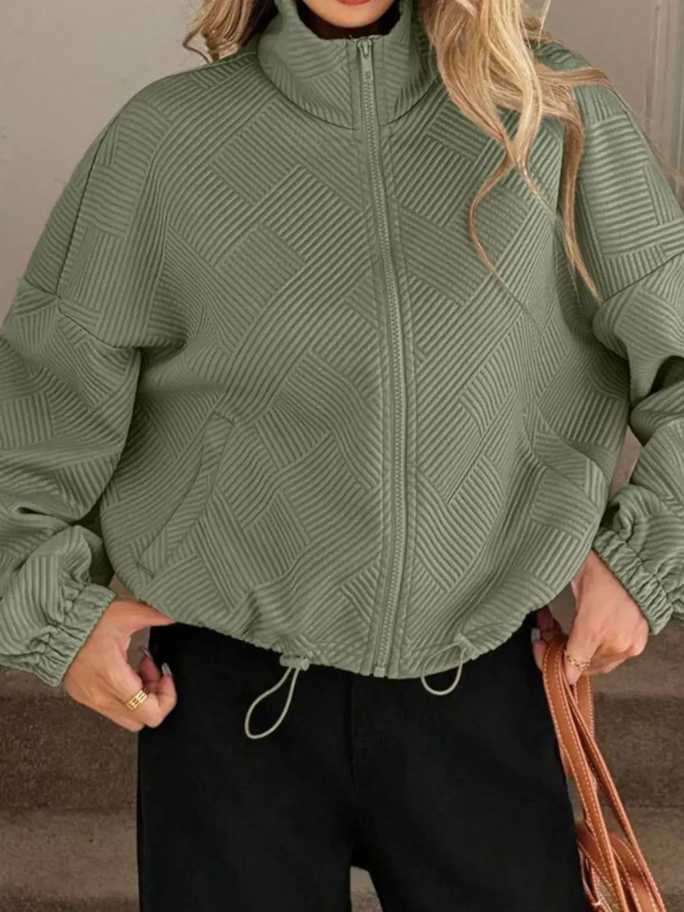 Textured Zip-Up Drawstring Hem Jacket - Trendsi - Flyclothing LLC