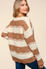 Haptics Striped Contrast Distressed Sweater - Trendsi
