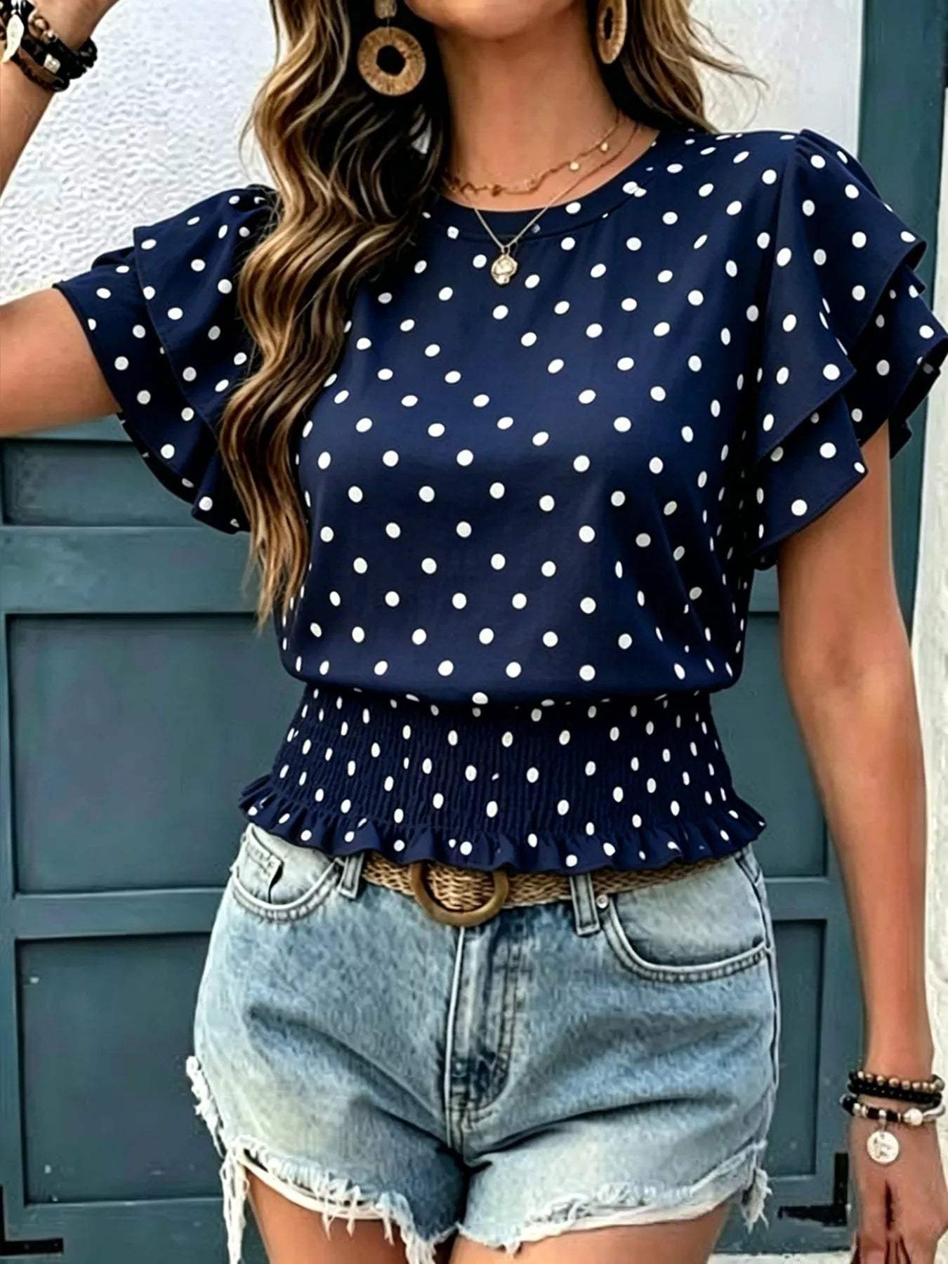 Polka Dot Ruffle Sleeve Blouse - Trendsi - Flyclothing LLC