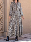 Printed Notched Long Sleeve Maxi Dress - Trendsi