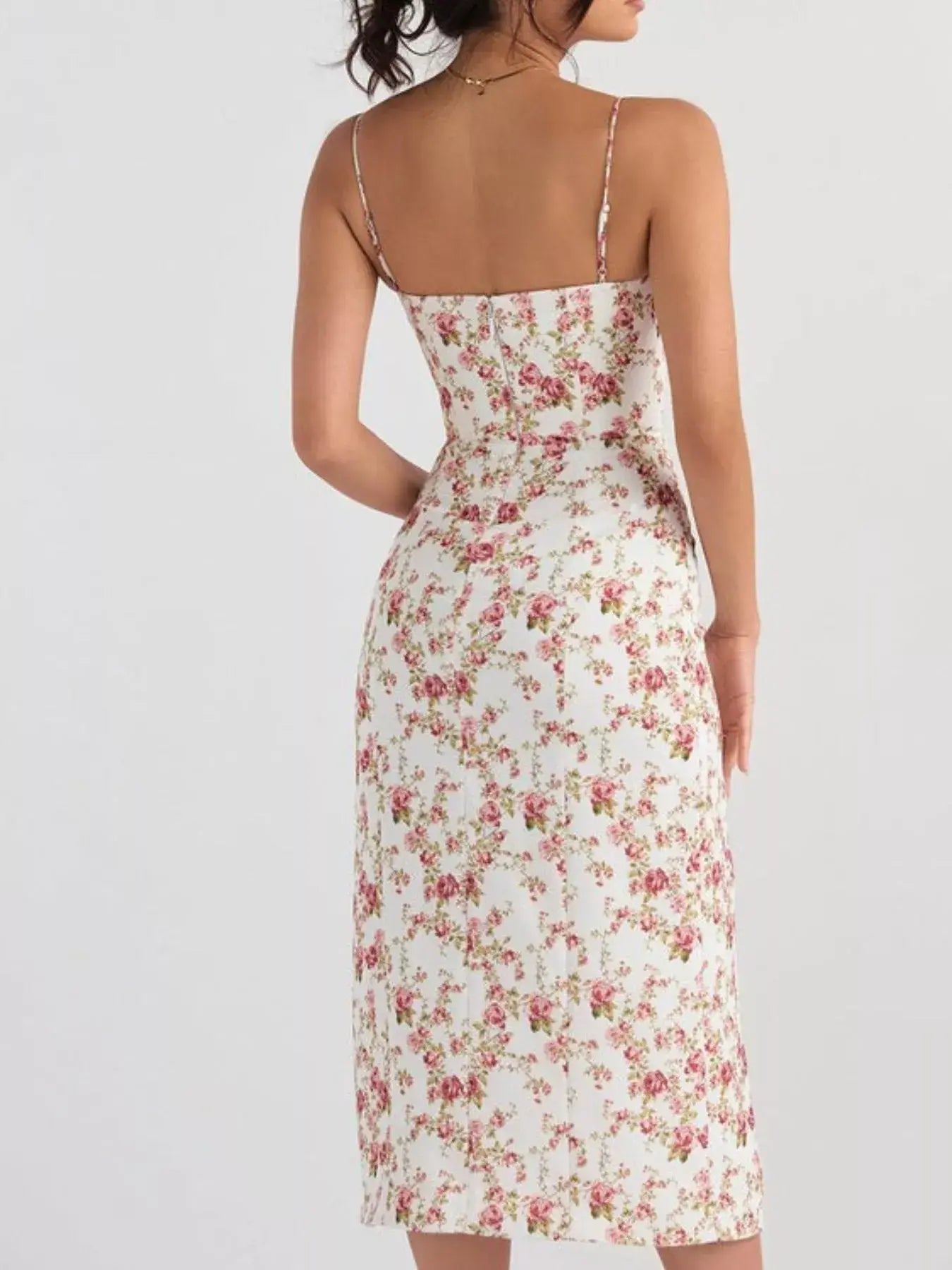 Floral Print Lace Trim Slit Midi Dress - Trendsi - Flyclothing LLC