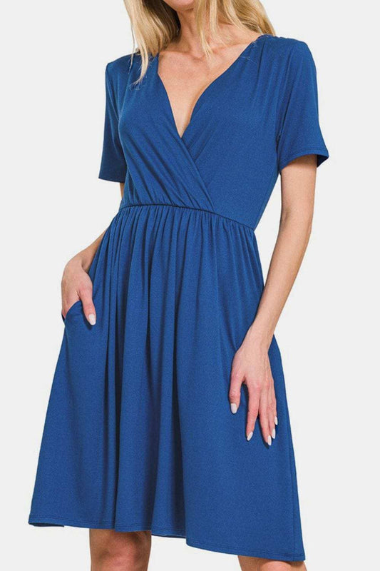 Zenana Surplice Short Sleeve Brushed DTY Dress - Trendsi - Flyclothing LLC