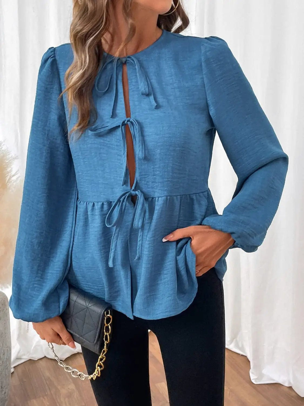Peplum Tie Neck Balloon Sleeve Blouse - Trendsi