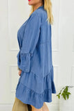 Notched Flare Sleeve Denim Dress - Trendsi