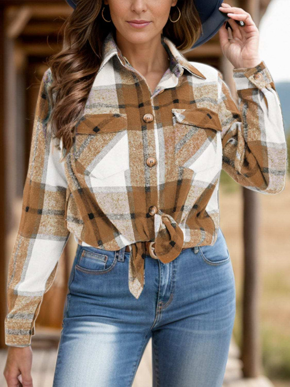 Full Size Pocketed Plaid Collared Neck Shacket - Trendsi - Flyclothing LLC