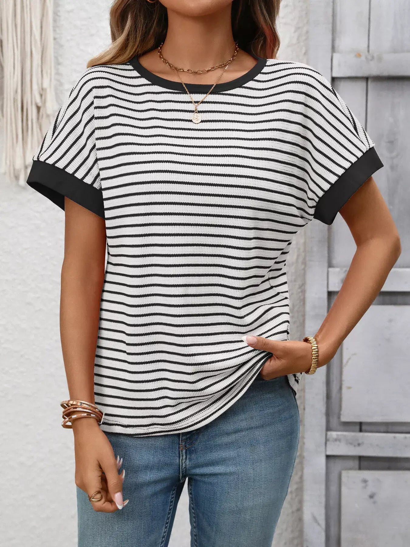 Striped Ribbed Knit Short Sleeve T-Shirt - Trendsi - Flyclothing LLC