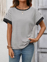 Striped Ribbed Knit Short Sleeve T-Shirt - Trendsi - Flyclothing LLC