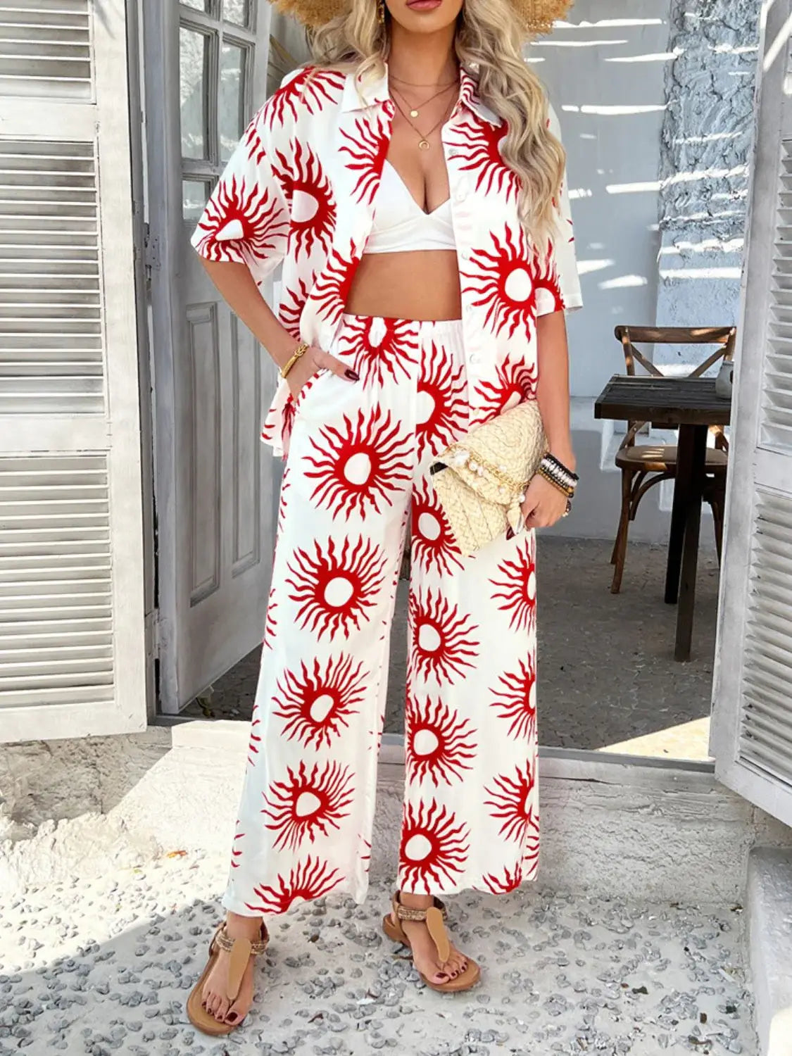 Devine Printed Collared Neck Half Sleeve Top and Pants Set - Trendsi - Flyclothing LLC