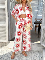 Devine Printed Collared Neck Half Sleeve Top and Pants Set - Trendsi - Flyclothing LLC