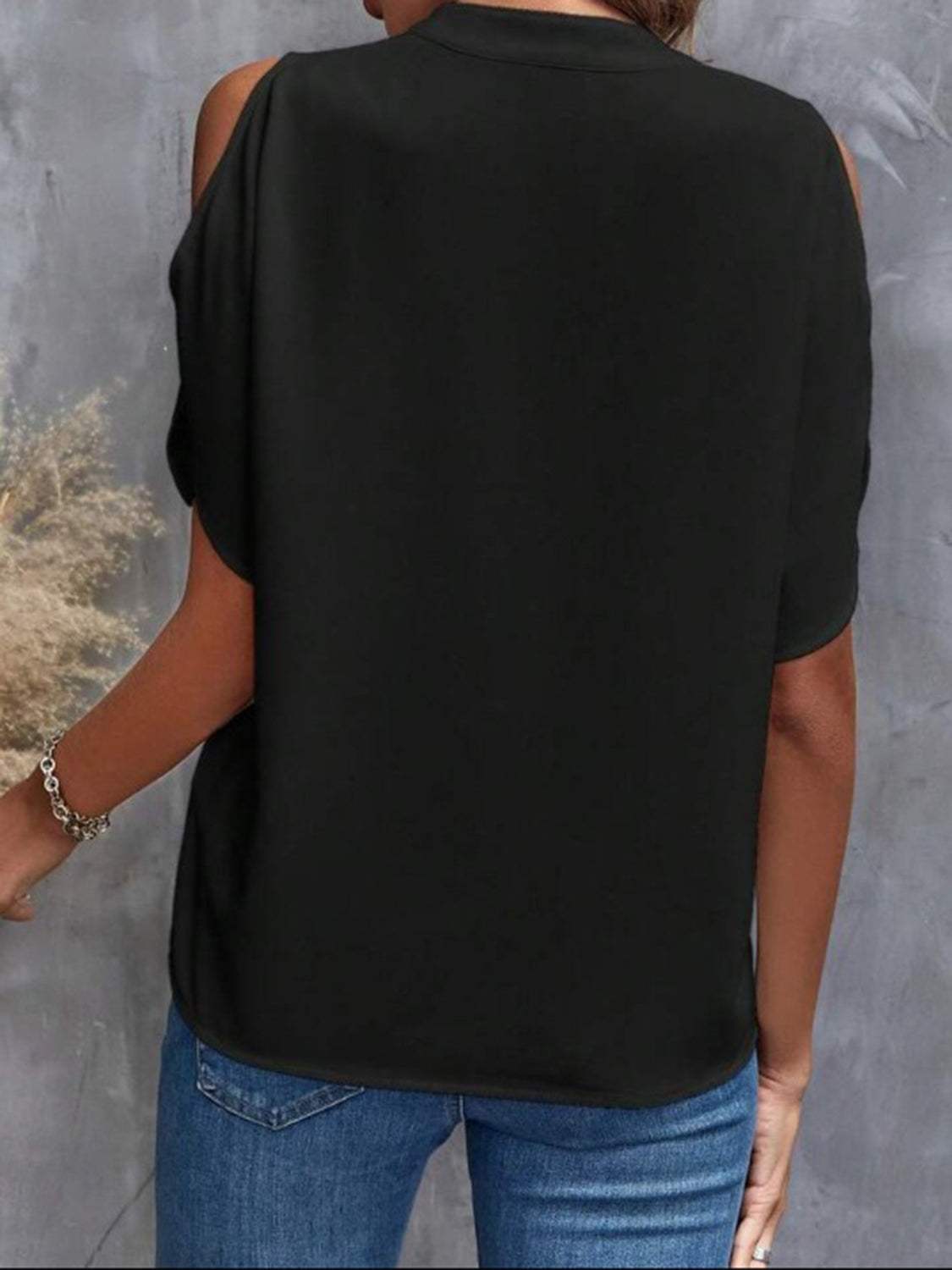 Notched Cold Shoulder Half Sleeve Blouse - Trendsi - Flyclothing LLC