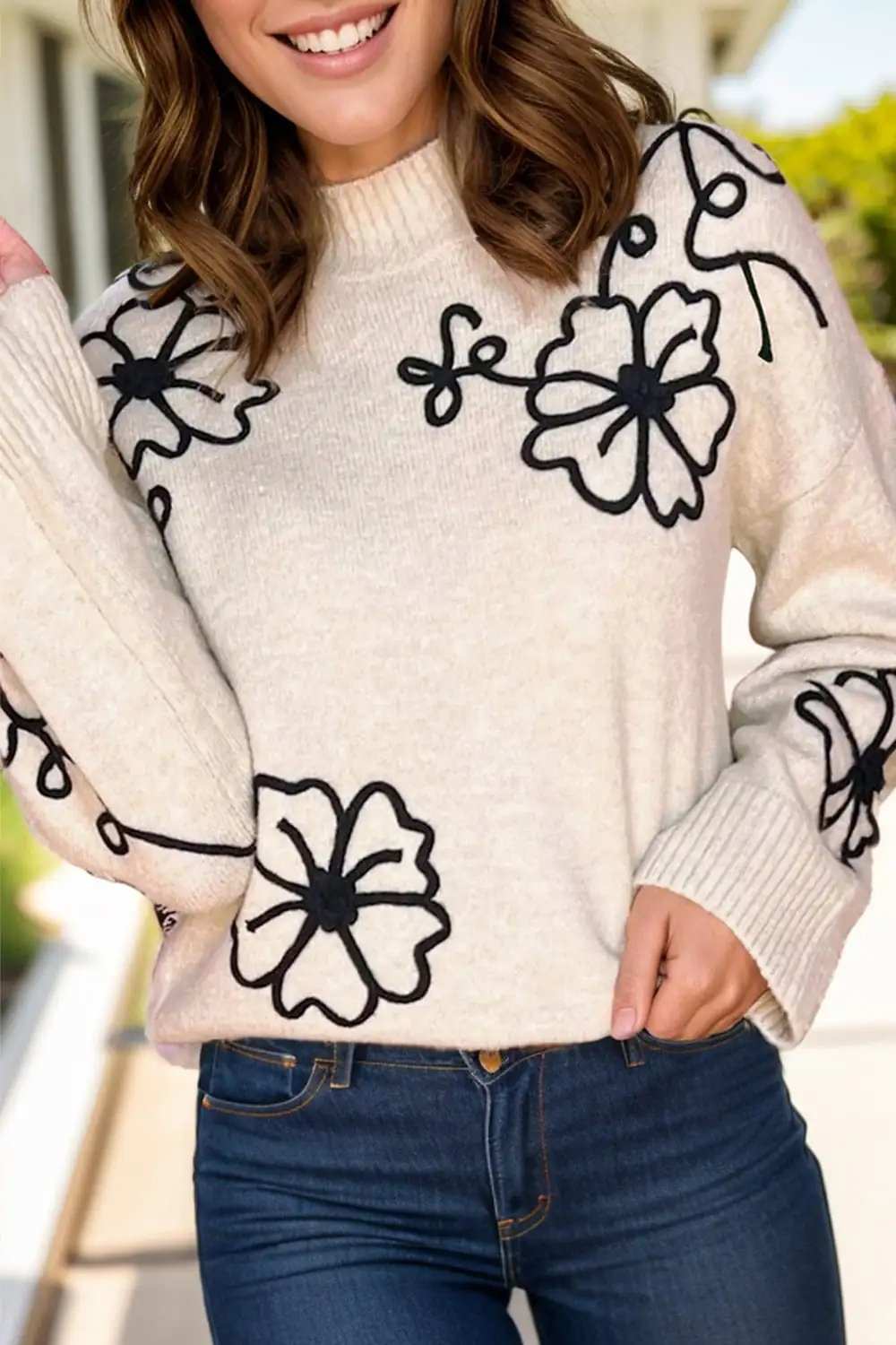 Flower Mock Neck Long Sleeve Sweater - Trendsi - Flyclothing LLC