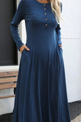 Round Neck Long Sleeve Maxi Dress with Pockets - Trendsi