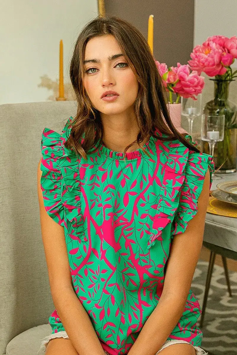 BiBi Leopard Leaves Print Woven Top - Trendsi - Flyclothing LLC