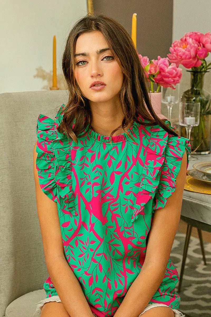 BiBi Leopard Leaves Print Woven Top - Trendsi - Flyclothing LLC