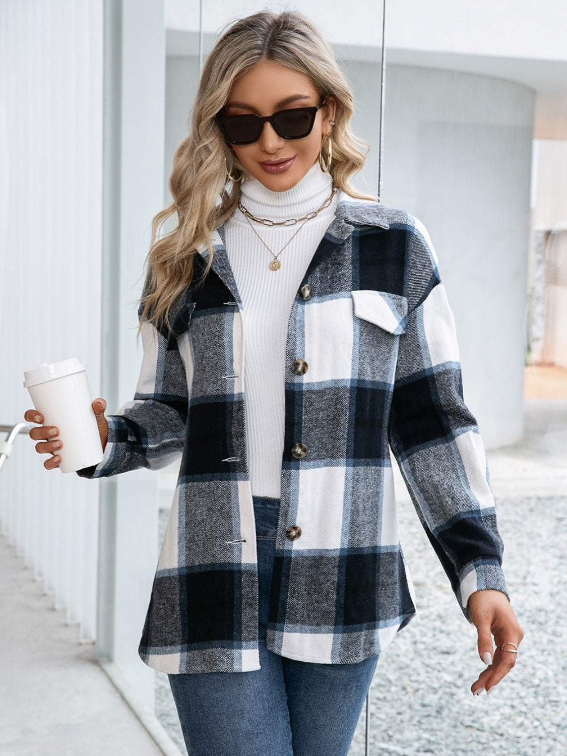 Plaid Button Up Long Sleeve Shacket - Trendsi - Flyclothing LLC