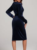 Round Neck Tie Waist Long Sleeve Velvet Dress - Trendsi
