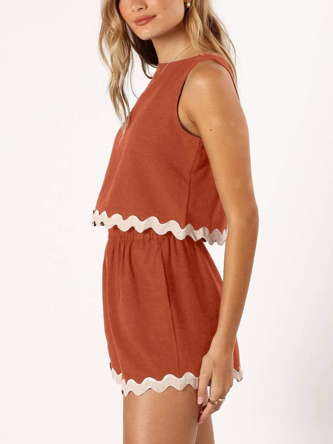 Contrast Trim Round Neck Top and Shorts Set - Trendsi - Flyclothing LLC