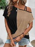 Contrast Asymmetrical Neck Short Sleeve T-Shirt - Trendsi