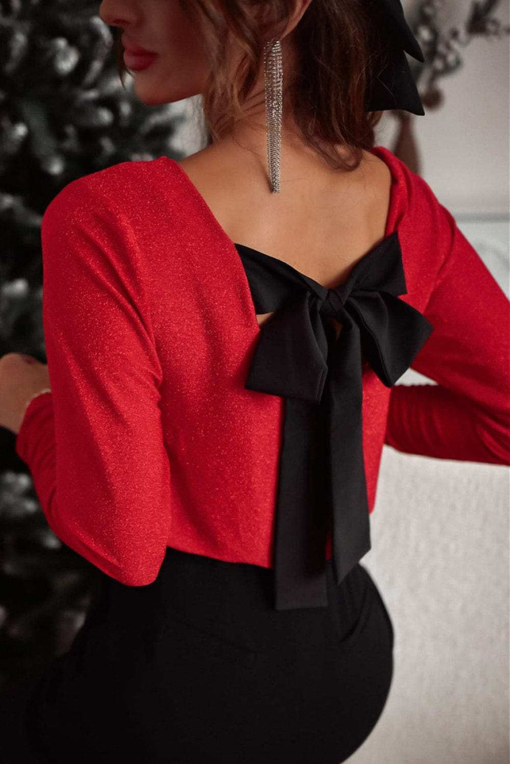 Bowknot V-Neck Long Sleeve Blouse - Trendsi - Flyclothing LLC