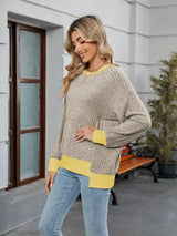 Contrast Trim Round Neck Long Sleeve T-Shirt - Trendsi - Flyclothing LLC