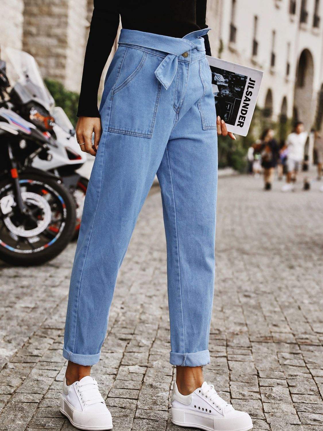 Tied Straight Jeans with Pockets - Trendsi - Flyclothing LLC