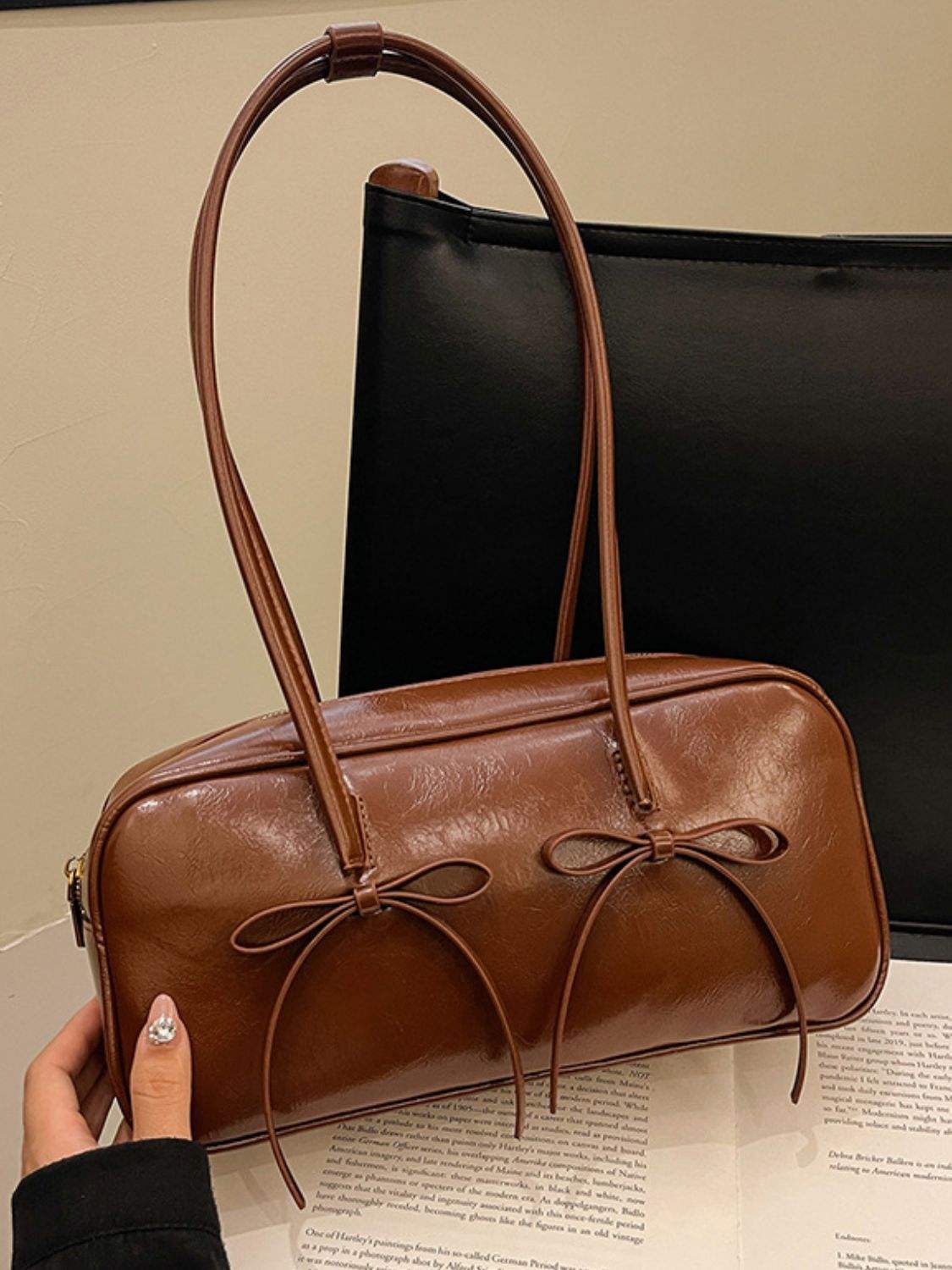 PU Leather Bow Trim Shoulder Bag - Trendsi - Flyclothing LLC