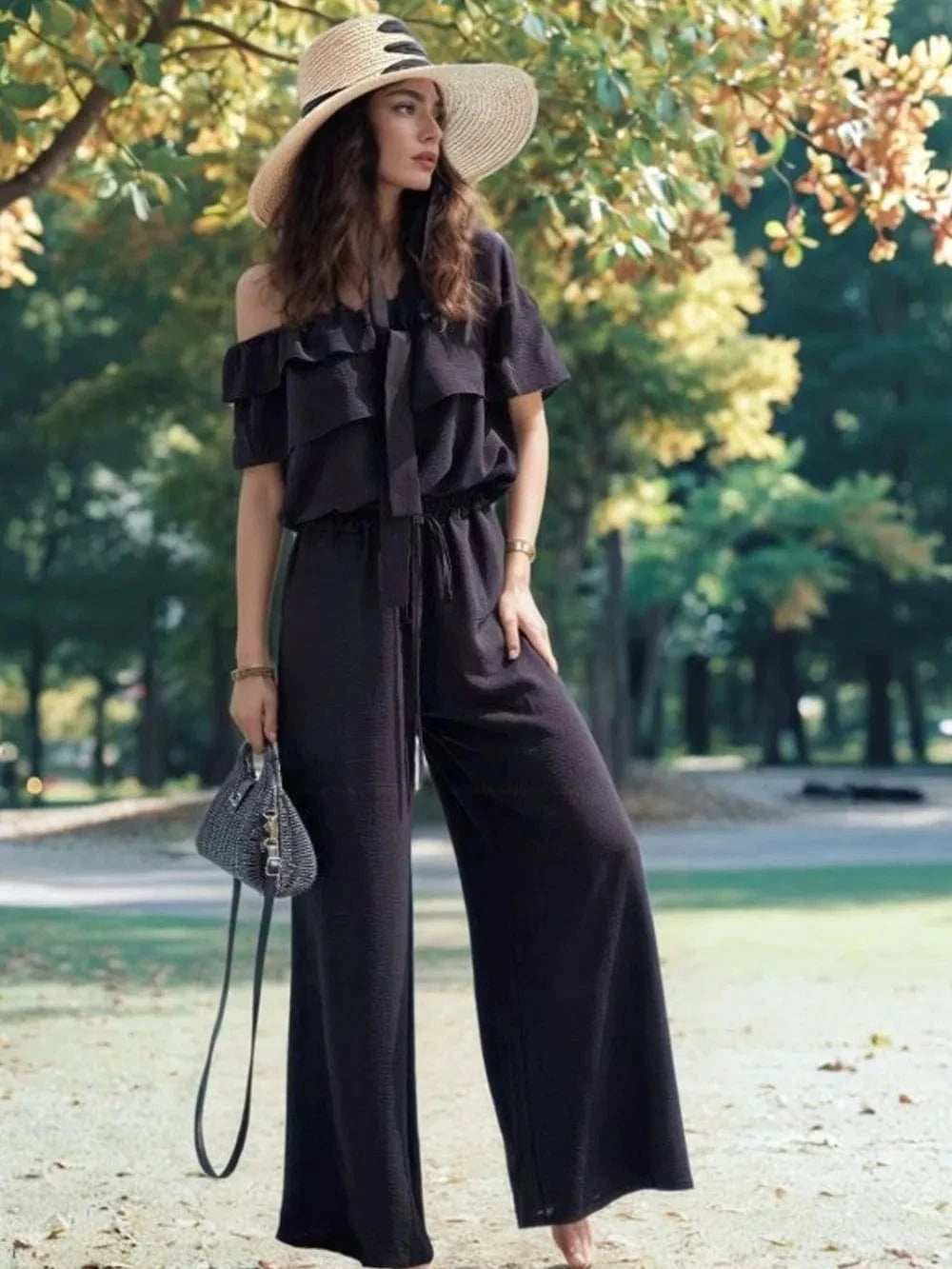 Ruffled Off Shoulder Wide Leg Jumpsuit - Trendsi - Flyclothing LLC