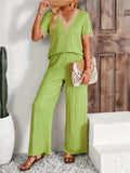 V-Neck Short Sleeve Top and Pants Set - Trendsi - Flyclothing LLC