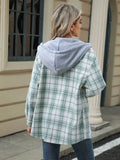Drawstring Plaid Button Up Hooded Jacket - Trendsi