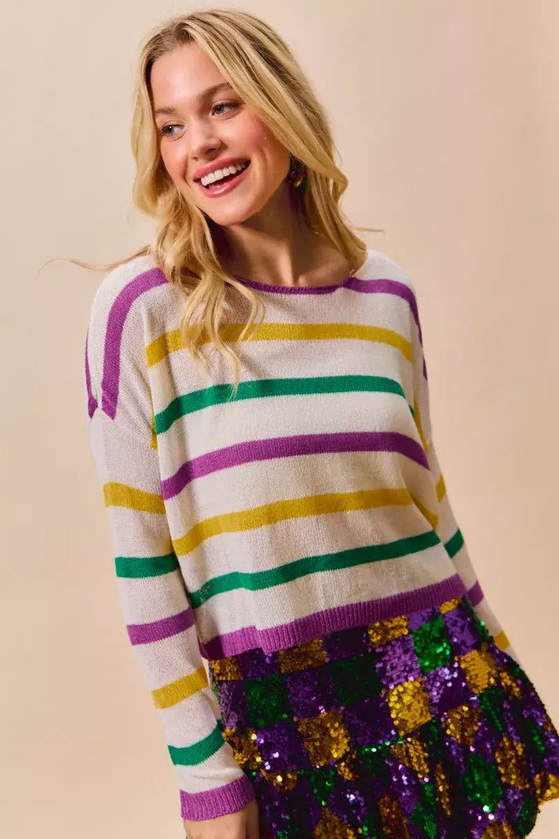 SO ME Mardi Gras Color Stripe Lightweight Sweater Top - Trendsi - Flyclothing LLC