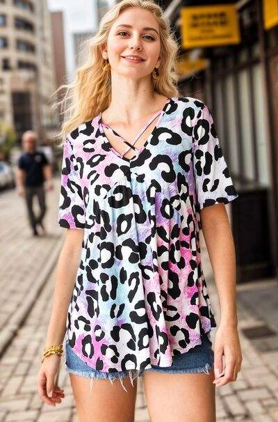 Heimish Full Size Crisscross Neck Animal Print Babydoll Top Plus Size - Trendsi - Flyclothing LLC