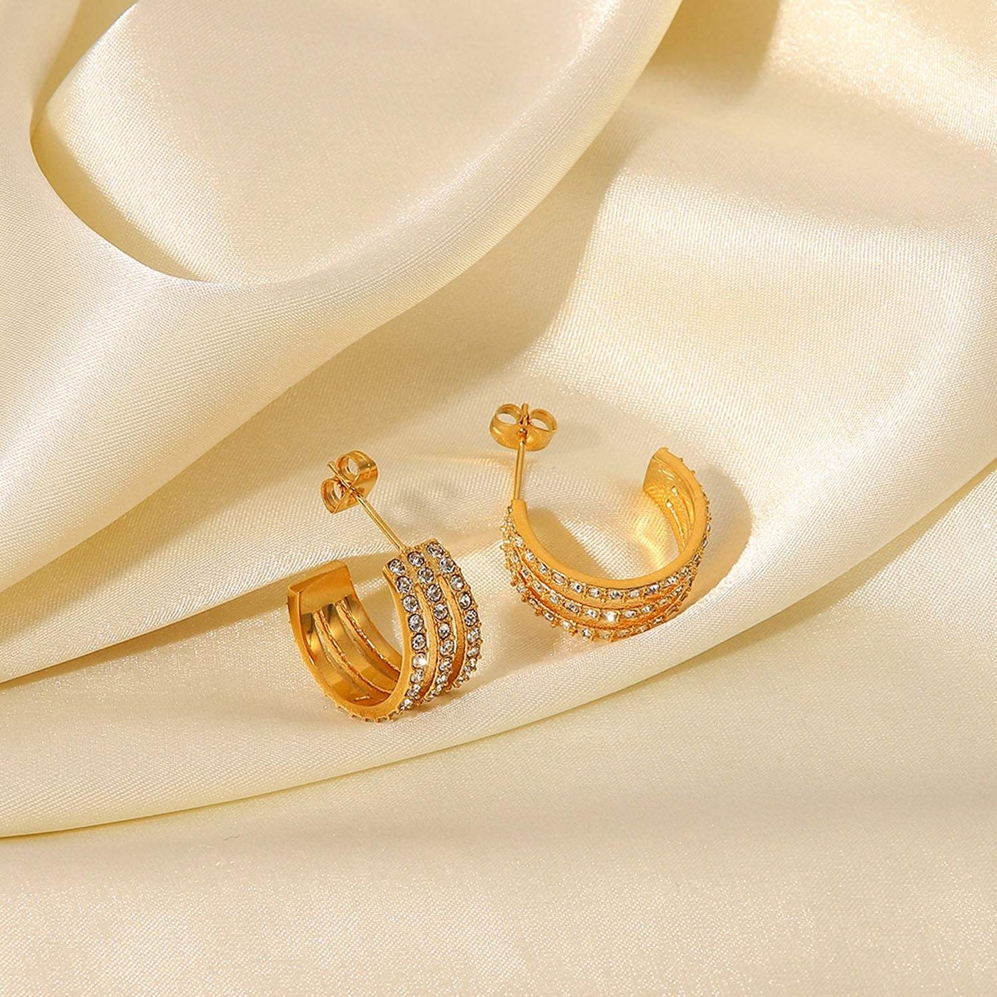 Stainless Steel Inlaid Zircon C-Hoop Earrings - Trendsi - Flyclothing LLC