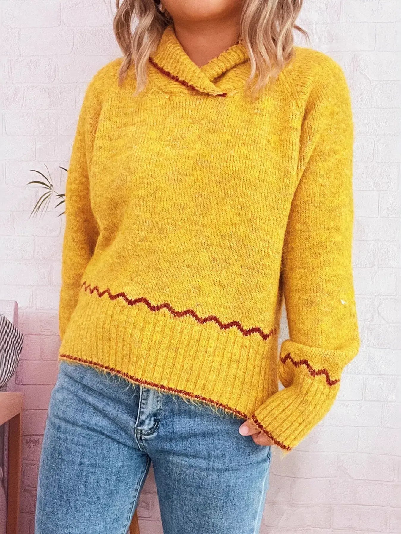 Ribbed Contrast Trim Long Sleeve Sweater - Trendsi - Flyclothing LLC