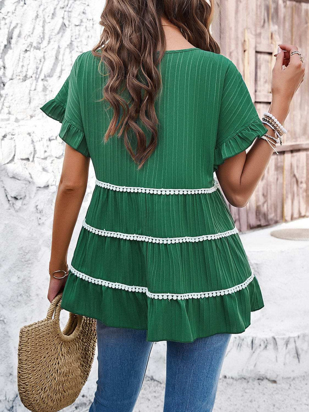 Round Neck Flounce Sleeve Blouse - Trendsi - Flyclothing LLC