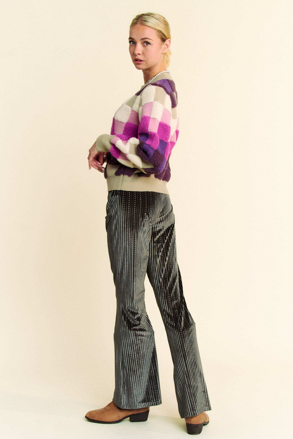 Davi & Dani Checkered Round Neck Long Sleeve Sweater - Trendsi - Flyclothing LLC