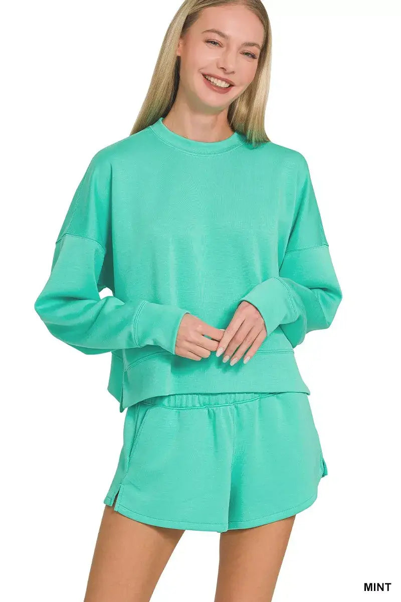 Zenana Scuba Long Sleeve Sweatshirts & Shorts Set - Trendsi - Flyclothing LLC