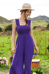 Davi & Dani Smocked Bodice Strap Ruffle Tie Belt Jumpsuit - Trendsi - Flyclothing LLC