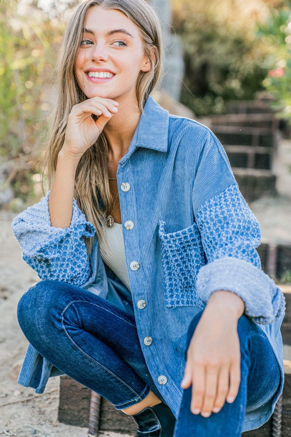 And The Why Button Down Corduroy Contrast Texture Long Sleeve Shacket - Trendsi - Flyclothing LLC