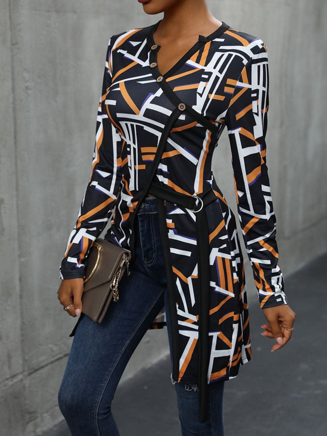 Geometric Surplice Long Sleeve T-Shirt - Trendsi