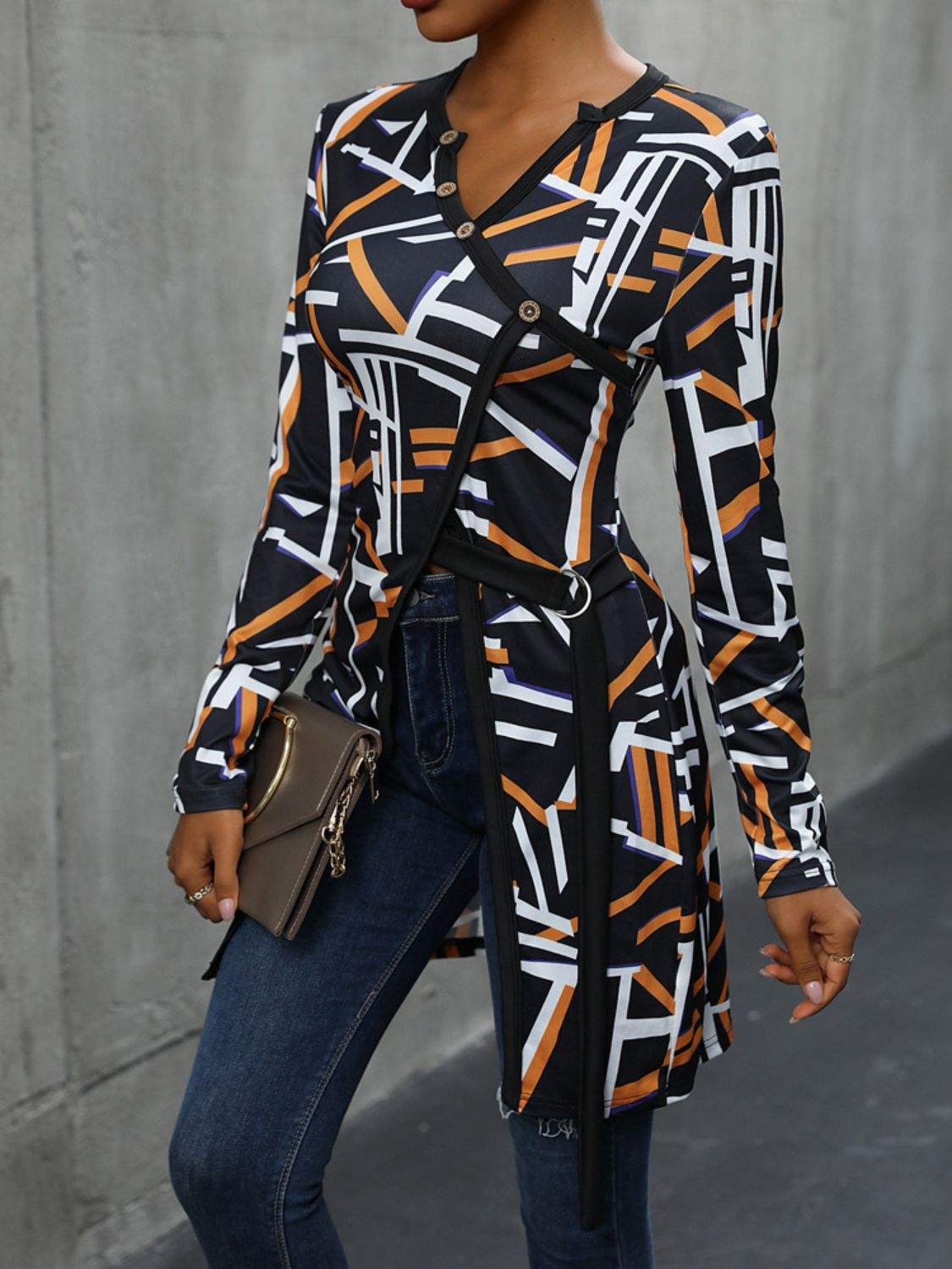 Geometric Surplice Long Sleeve T-Shirt - Trendsi - Flyclothing LLC
