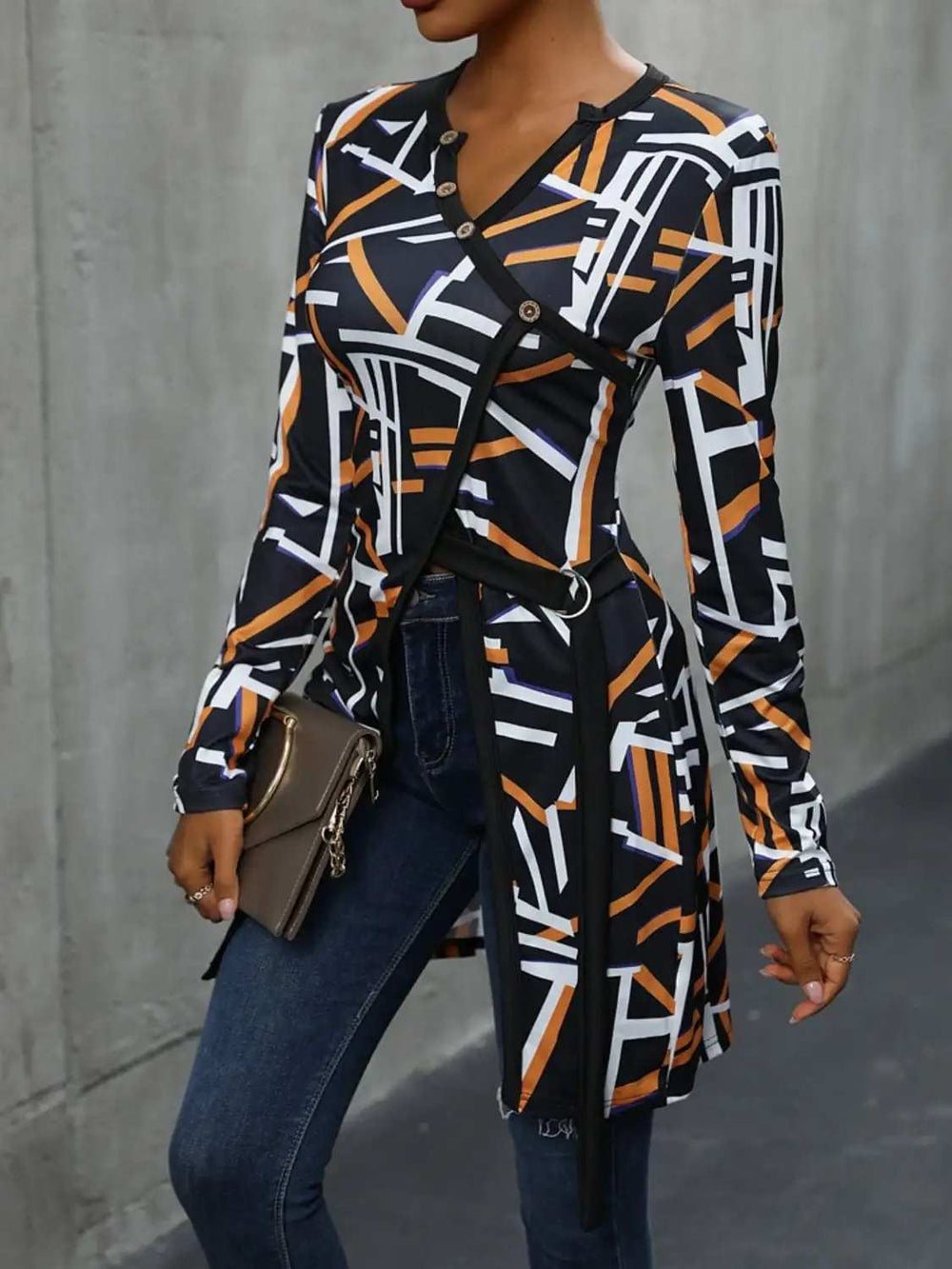 Geometric Surplice Long Sleeve T-Shirt - Trendsi - Flyclothing LLC