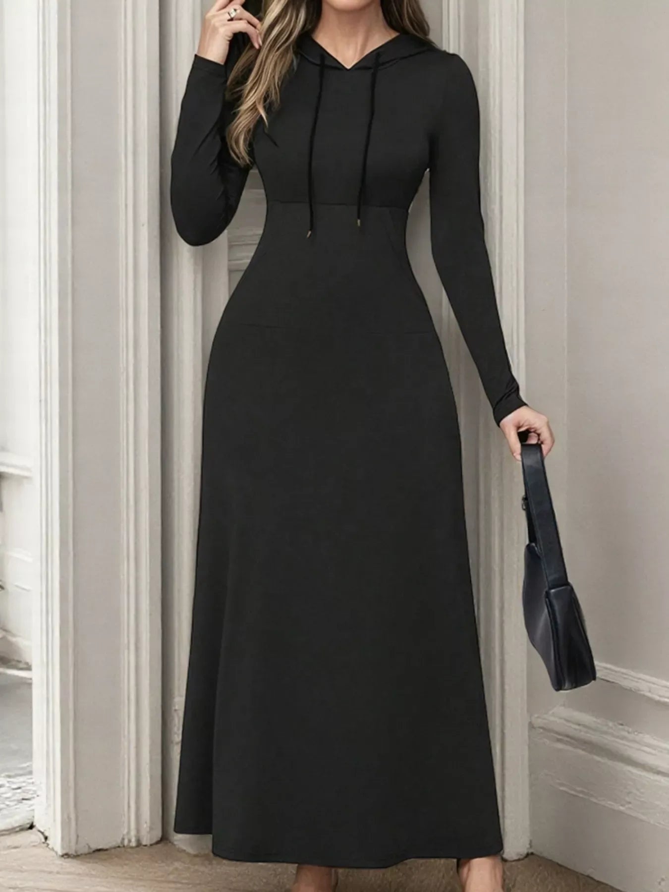 Drawstring Long Sleeve Hooded Maxi Dress - Trendsi - Flyclothing LLC