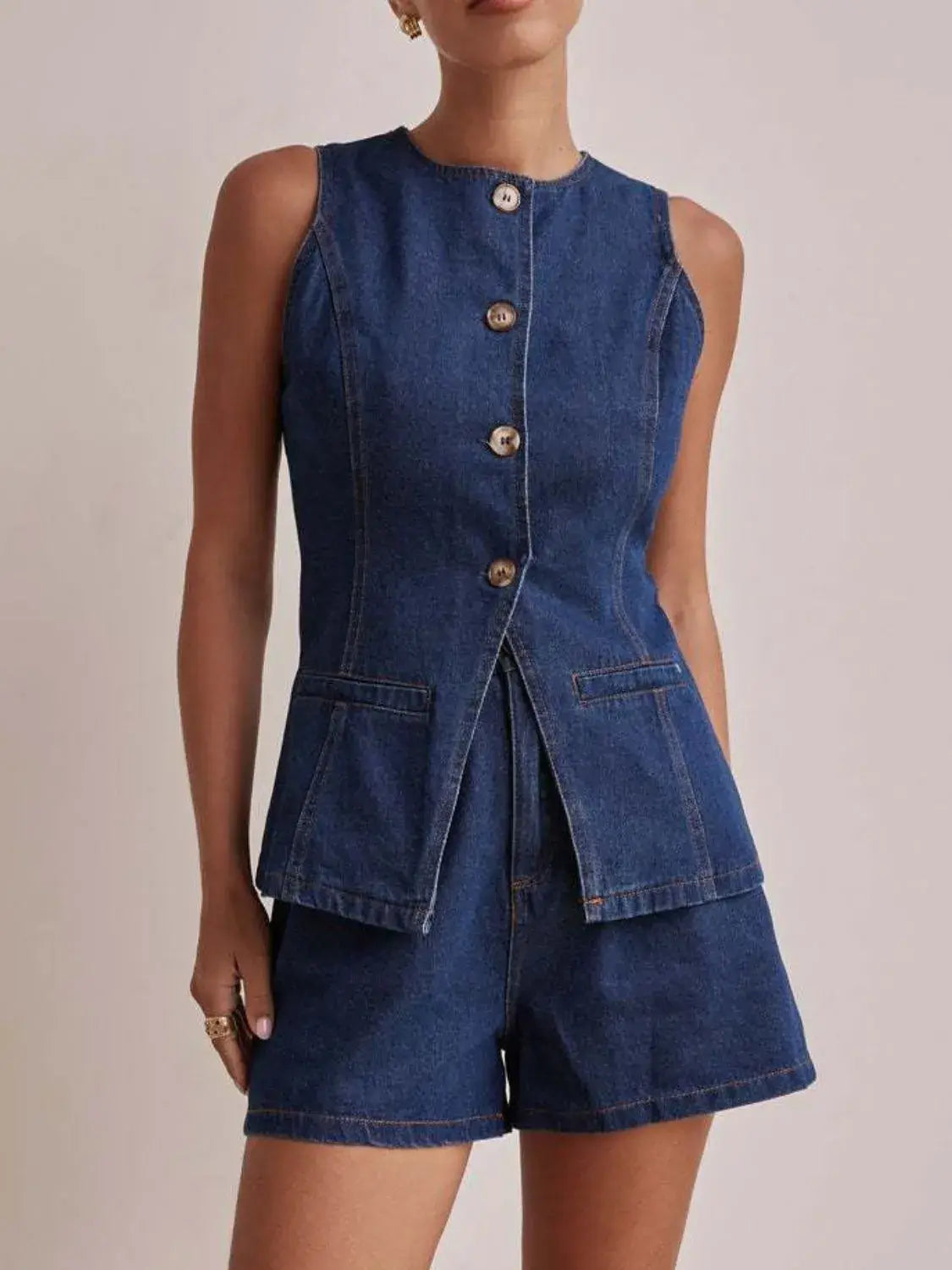 Button Down Vest and Shorts Denim Set - Trendsi - Flyclothing LLC