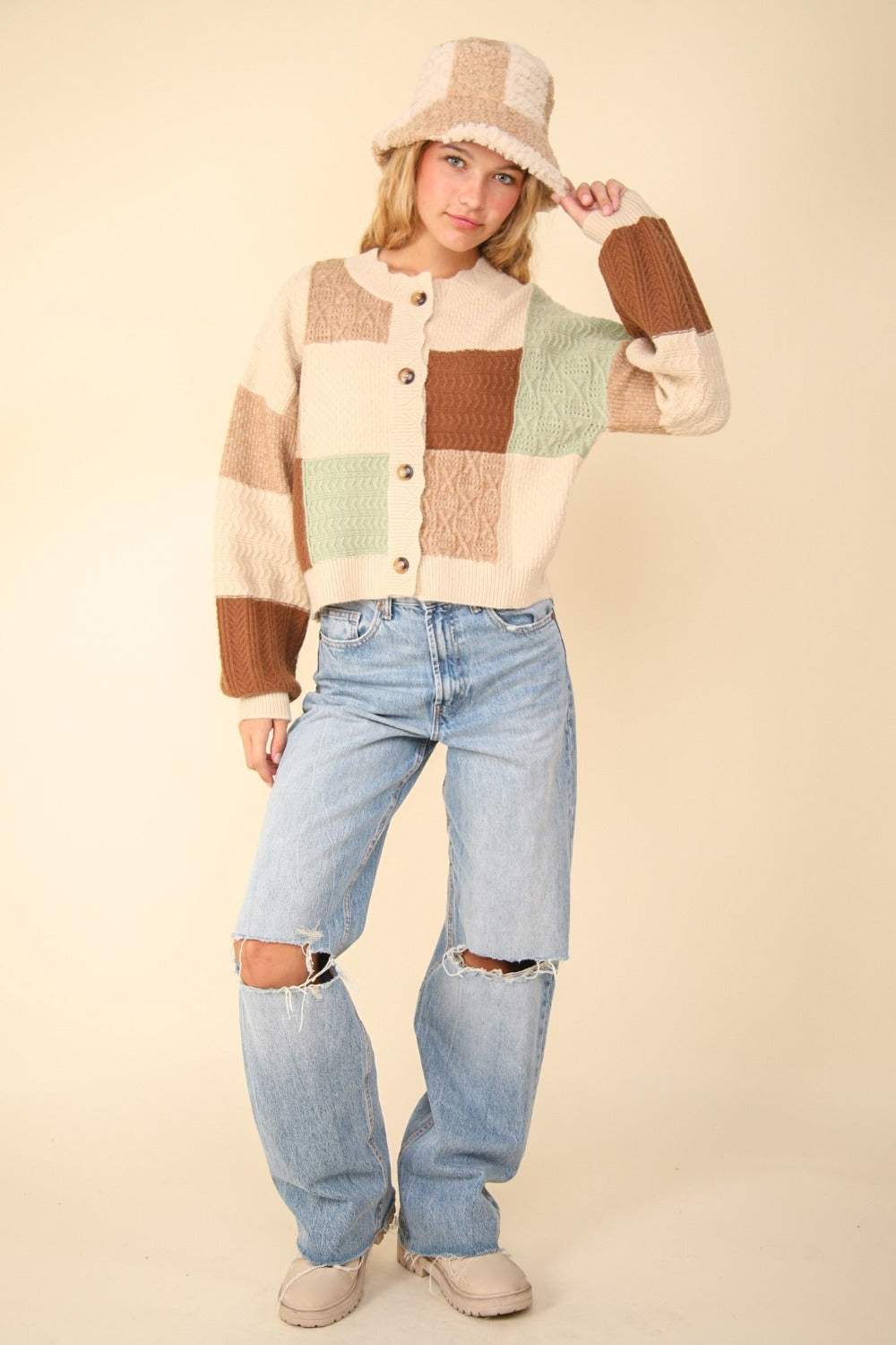 VERY J Color Block Button Down Textured Sweater Cardigan - Trendsi - Flyclothing LLC