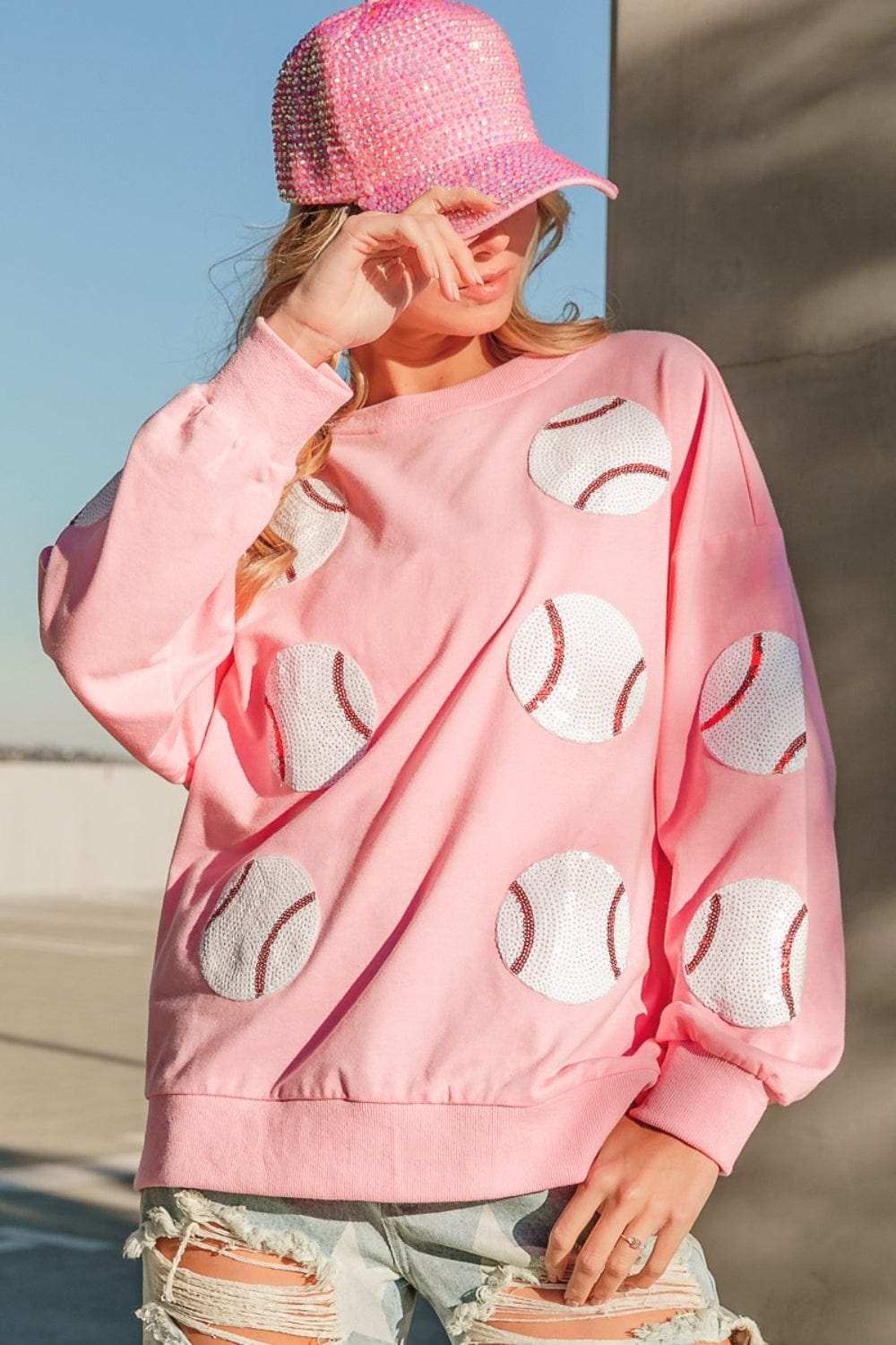 BiBi Sequin Baseball Patches French Terry Sweatshirt - Trendsi - Flyclothing LLC