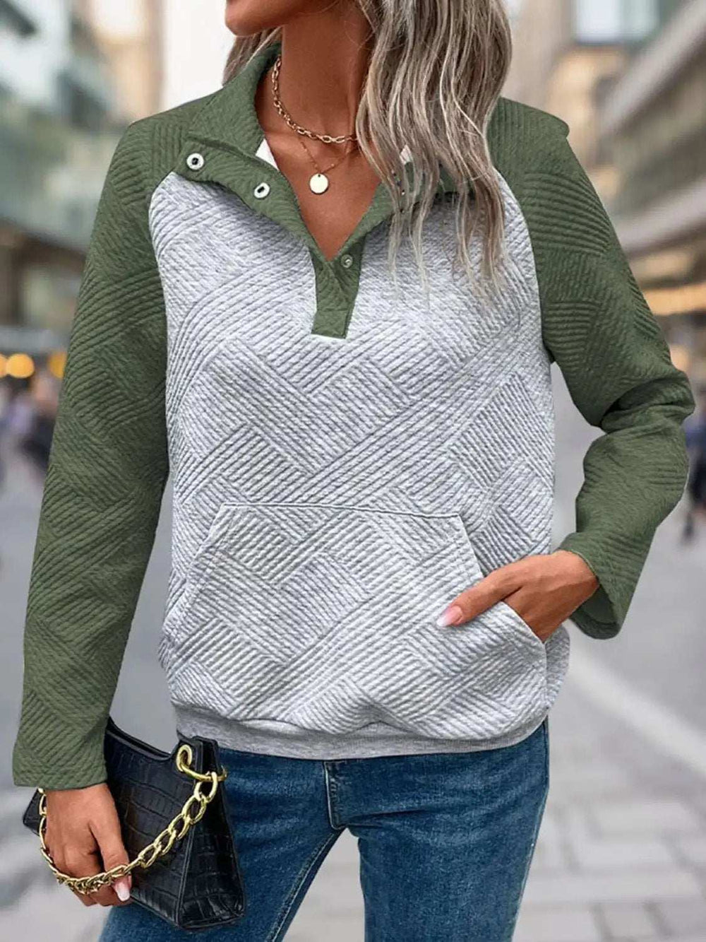 Contrast Textured Long Sleeve Sweatshirt - Trendsi - Flyclothing LLC
