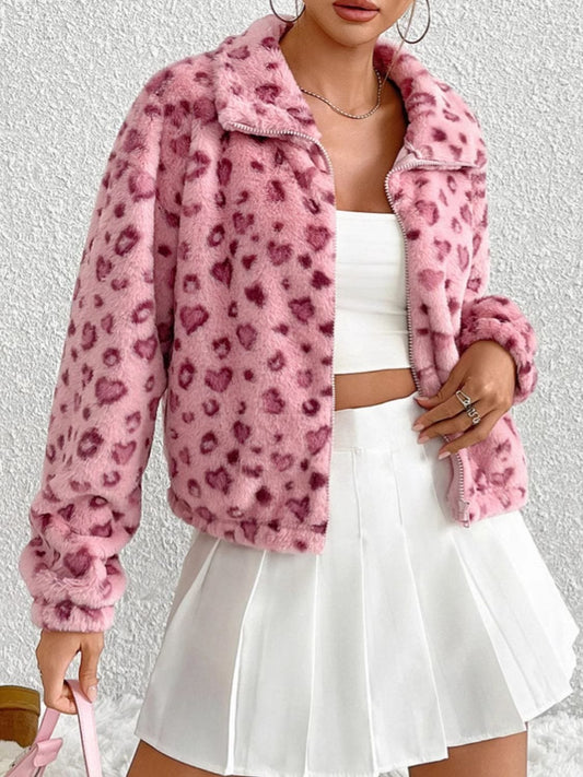 Leopard Zip Up Long Sleeve Furry Jacket - Trendsi