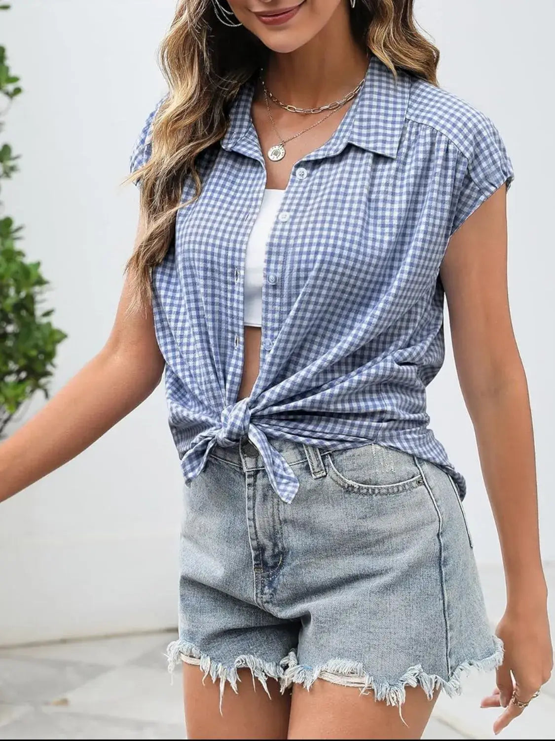 Plaid Button Up Cap Sleeve Shirt - Trendsi - Flyclothing LLC