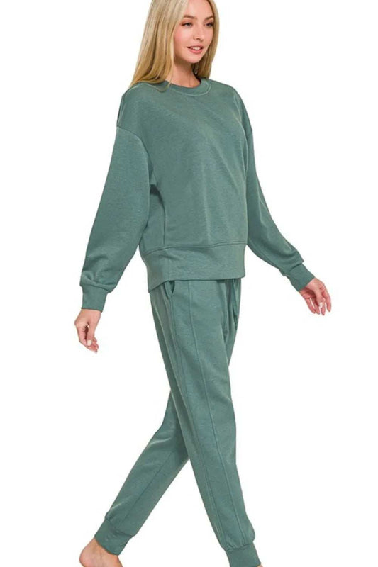 Zenana Scuba Crewneck Pullover & Joggers 2 Pieces Set - Trendsi - Flyclothing LLC
